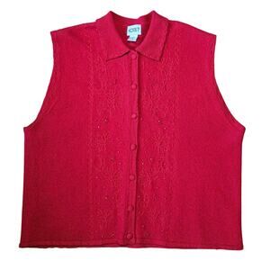 Koret Wool Red Sweater Vest XL Peter Pan Collar Embroidered Button Front Vintage